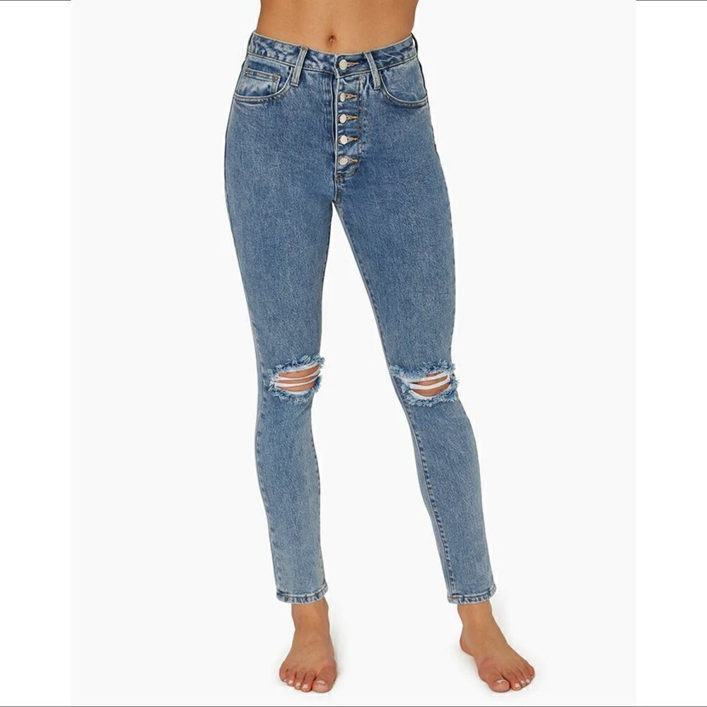 WeWoreWhat Danielle high waist straight distressed shredded knee women new 26